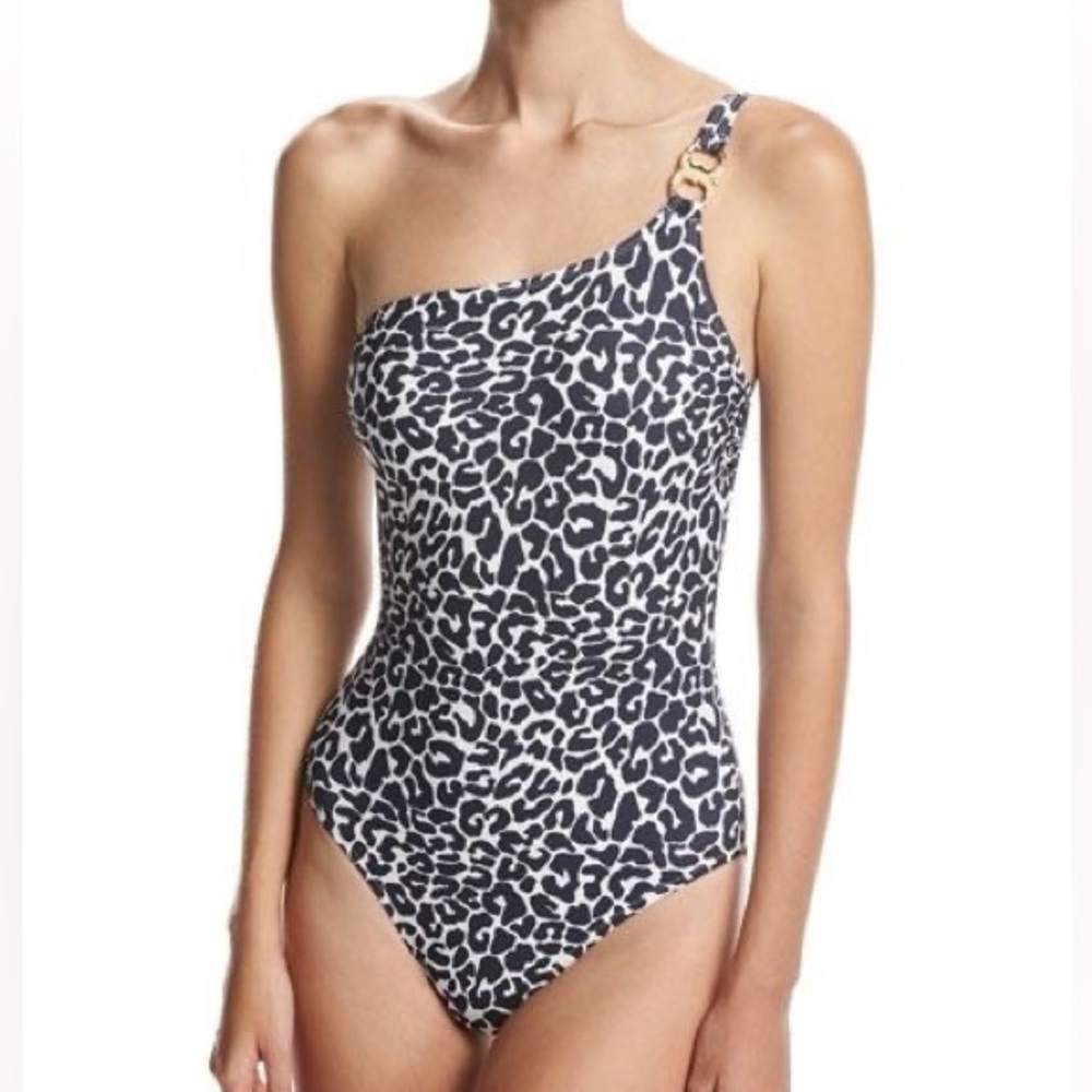 Tory Burch Clouded Leopard Navy & White One Shoulder One Piece Swimsuit Sz. M